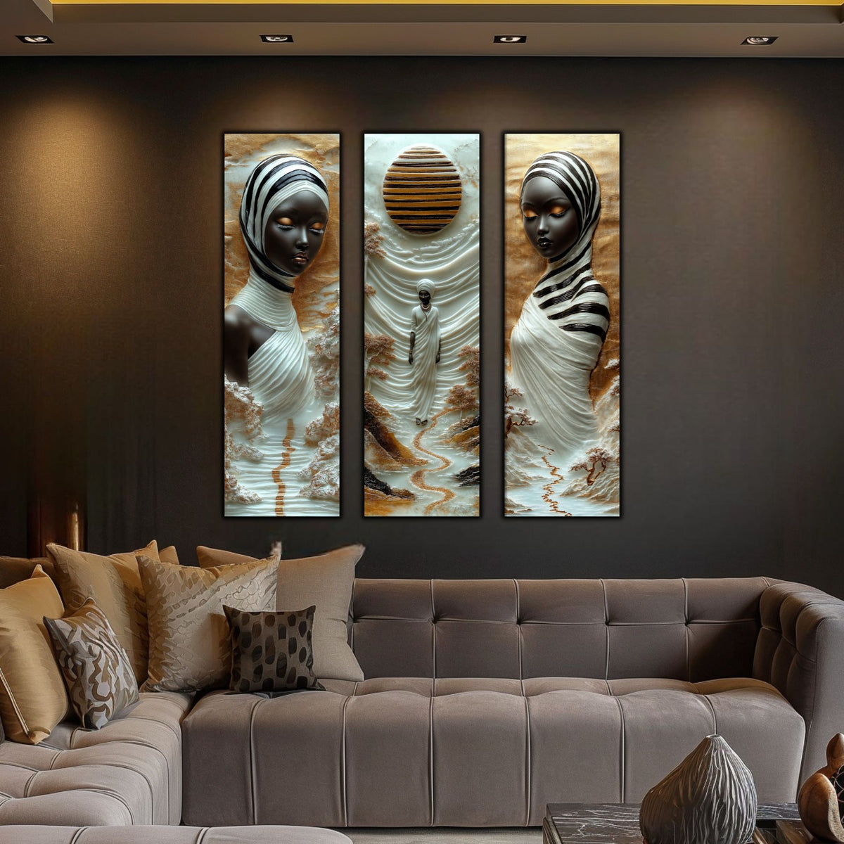 Set Tablouri pt Decorul Elegant al Livingului - 3 Tablouri pe Sticla - Veil of Serenity NO01