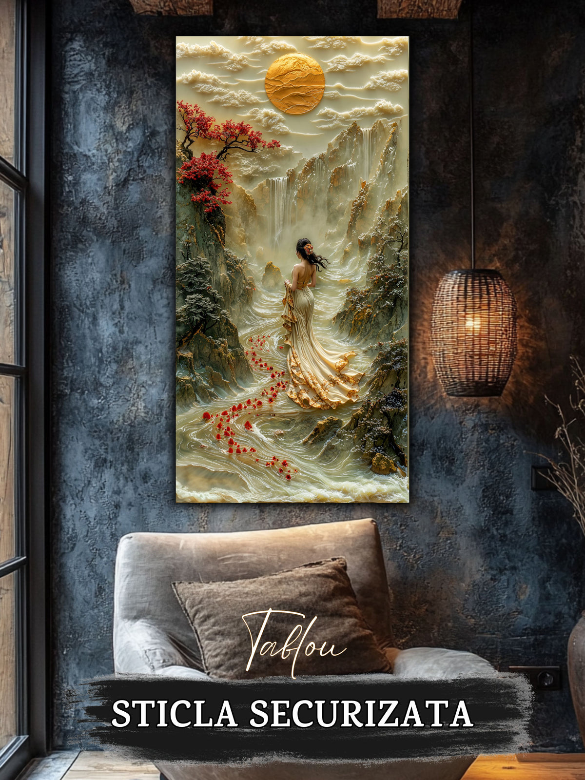 Mockup 4 – Tablou pentru living – Înainte de zbor: O siluetă în lumină, păsări și o cale care se deschide, print UV pe sticlă securizată | Art-Zen