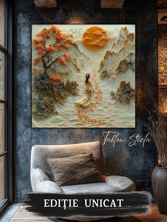 Mockup 1 – Tablou pentru living – Păsările din zori: Un cer cald, o lună plină și spațiu pentru respirație, print UV pe sticlă securizată | Art-Zen