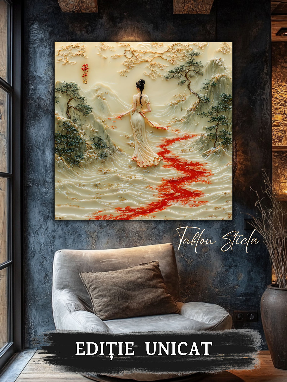 Mockup 5 – Tablou pentru living – Apa care își amintește: Un mal liniștit, o prezență fină și o cărare de apă, print UV pe sticlă securizată | Art-Zen