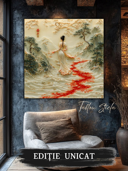 Mockup 5 – Tablou pentru living – Apa care își amintește: Un mal liniștit, o prezență fină și o cărare de apă, print UV pe sticlă securizată | Art-Zen