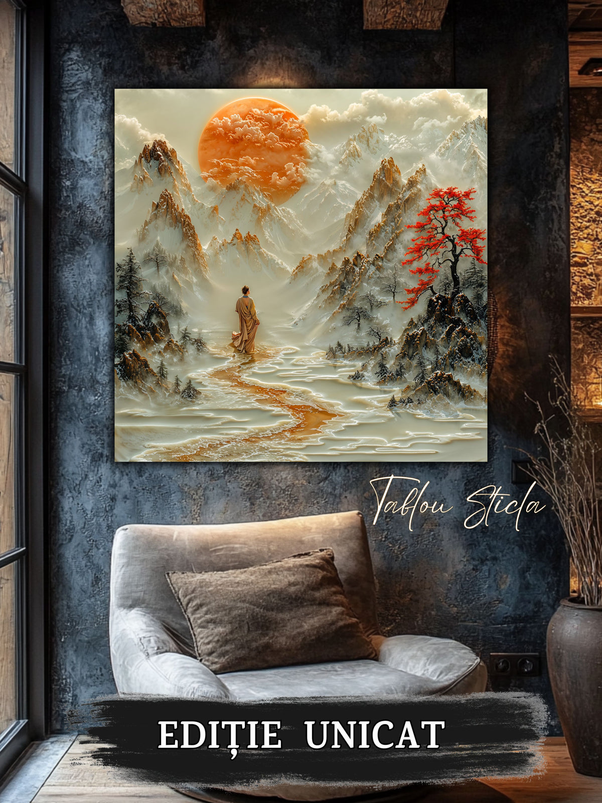 Mockup 5 – Tablou pentru living – Locul unde se oprește timpul: O femeie, munții și o liniște luminoasă, print UV pe sticlă securizată | Art-Zen
