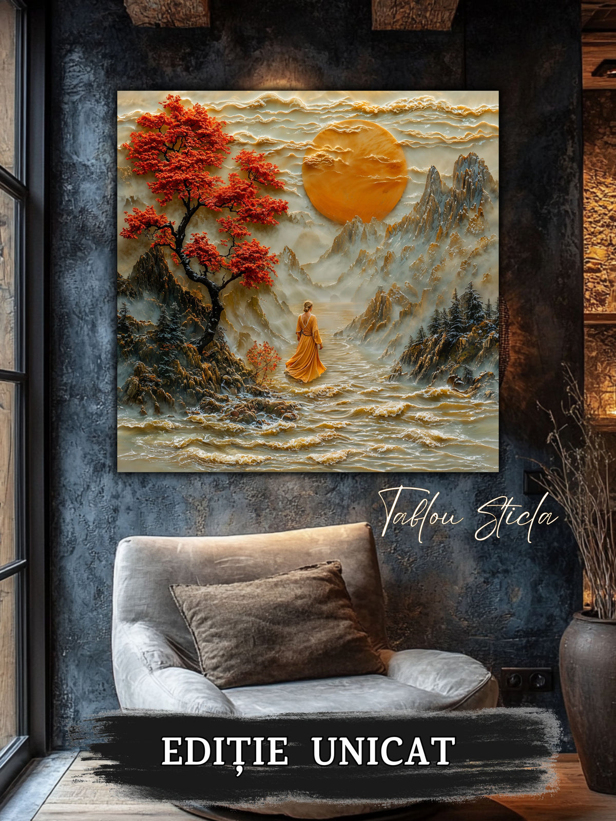 Mockup 5 – Tablou pentru living – Luna din valea albă: Un drum de apă, un cer auriu și relieful contemplativ, print UV pe sticlă securizată | Art-Zen