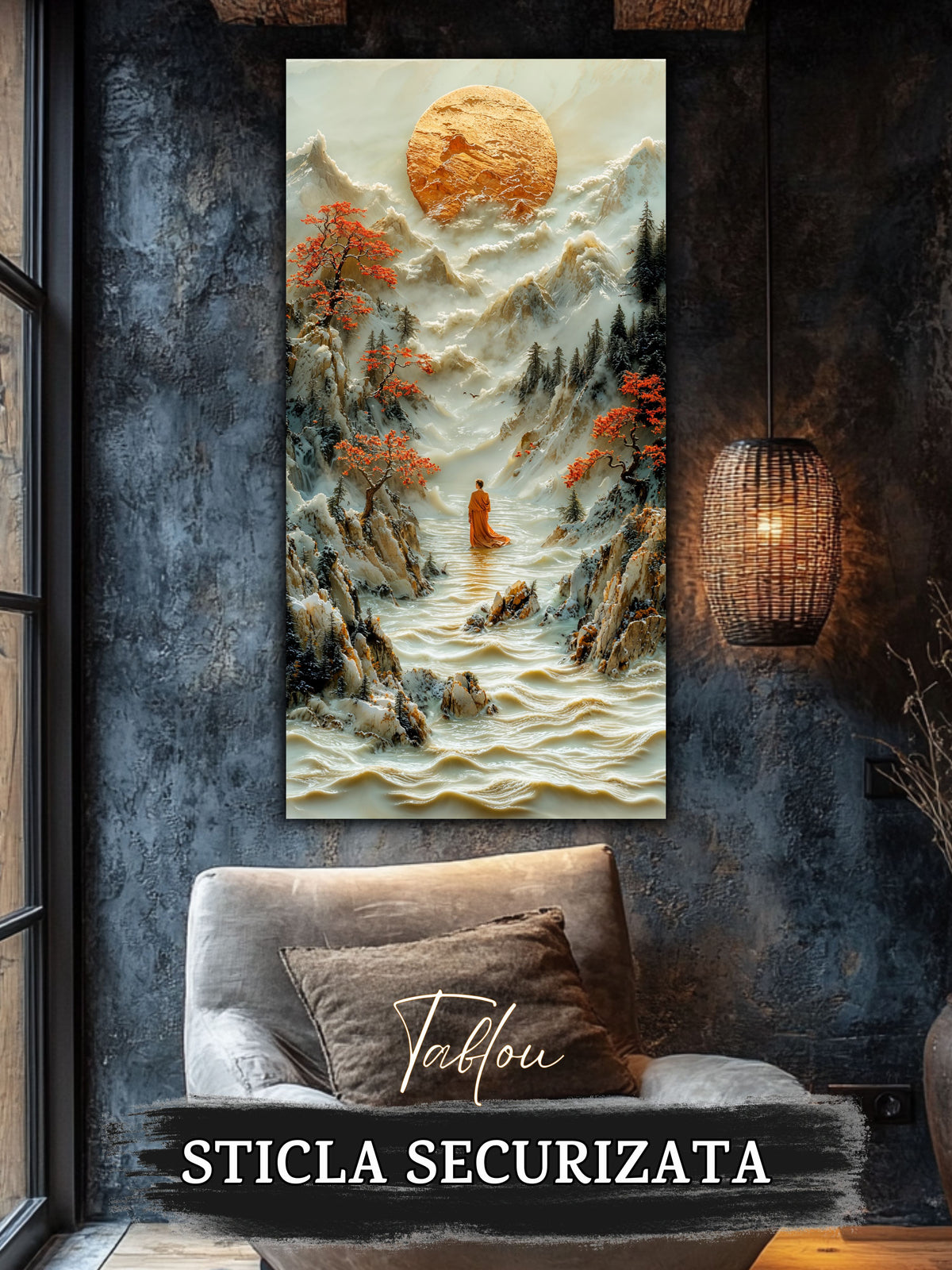 Mockup 4 – Tablou pentru living – Călătorul din valea albă: Un om mic într-un peisaj vast, sub copaci roșii, print UV pe sticlă securizată | Art-Zen
