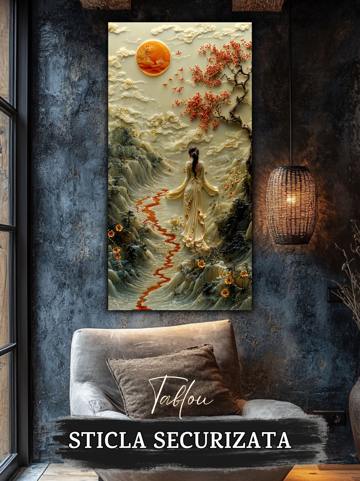 Mockup 4 – Tablou pentru living – Valea cu cer de fildeș: Peisaj calm, lună rotundă și flori roșii, print UV pe sticlă securizată | Art-Zen
