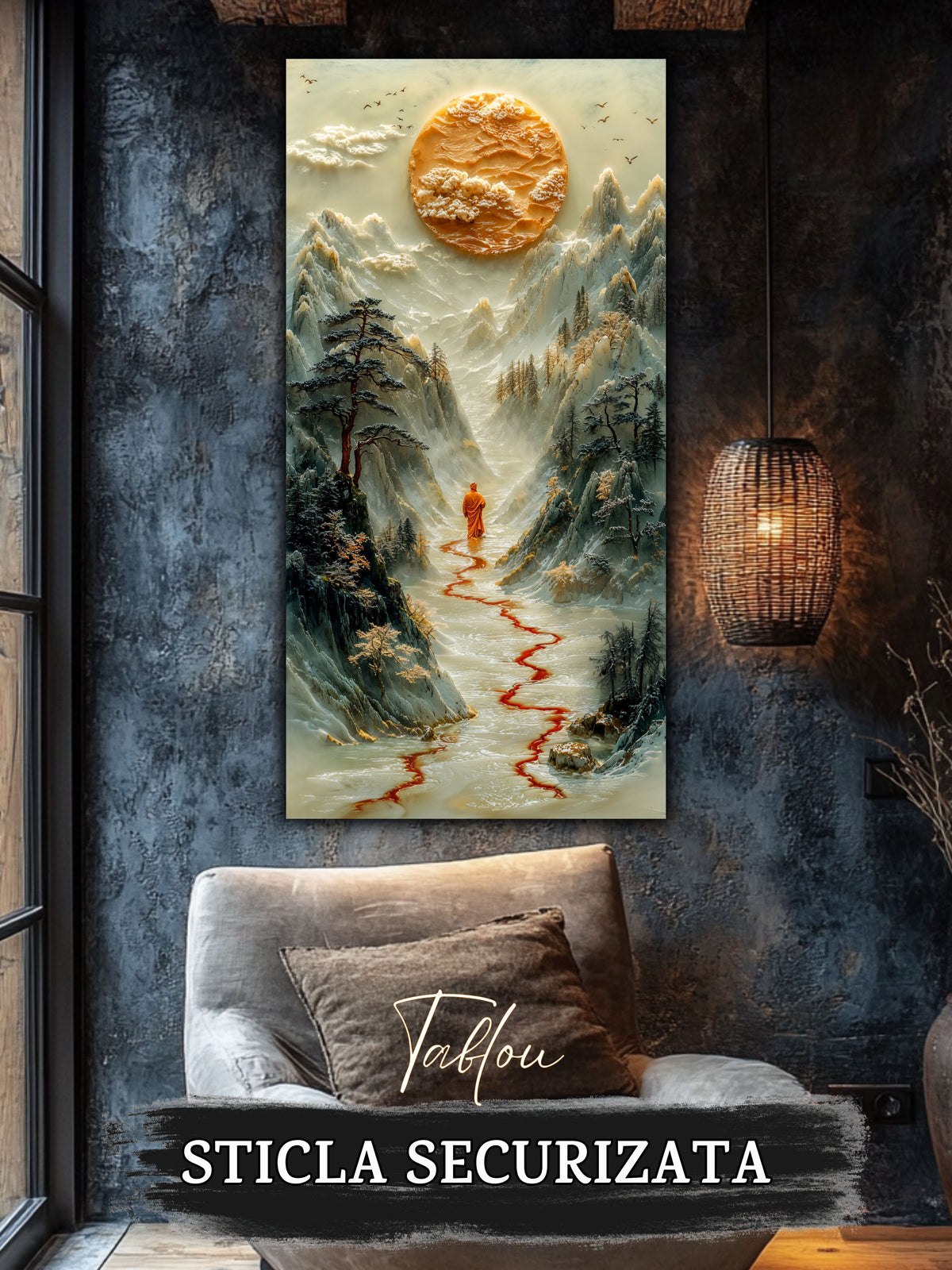 Mockup 5 – Tablou pentru living – Drumul de mătase roșie: O trecere fină prin spațiu, apă și stâncă, print UV pe sticlă securizată | Art-Zen