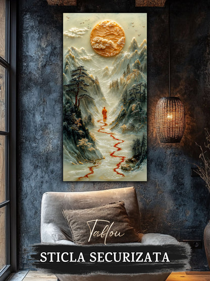 Mockup 5 – Tablou pentru living – Drumul de mătase roșie: O trecere fină prin spațiu, apă și stâncă, print UV pe sticlă securizată | Art-Zen
