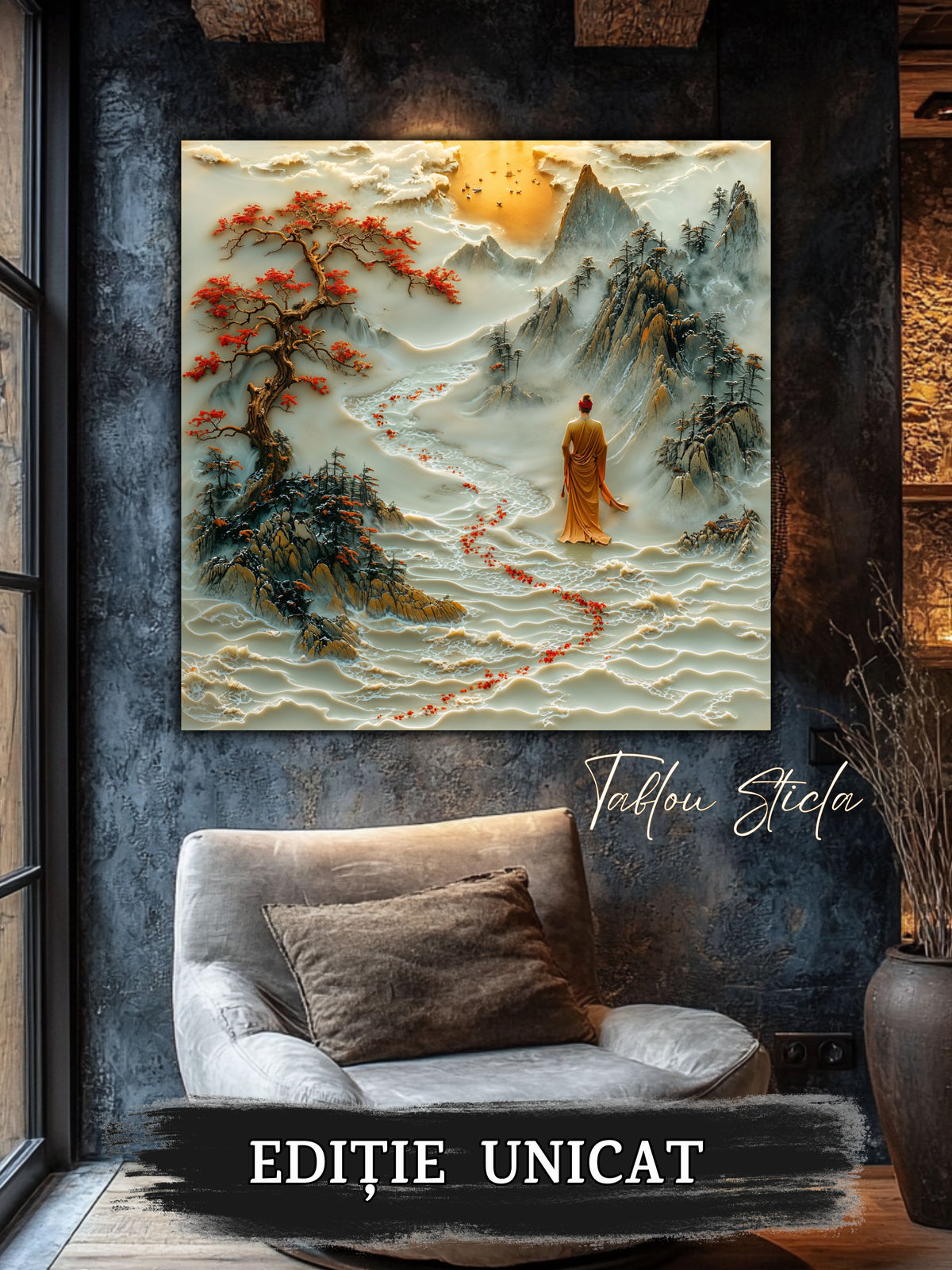 Mockup 1 – Tablou pentru living – Râul de cinabru: Un fir roșu care traversează calm peisajul montan, print UV pe sticlă securizată | Art-Zen