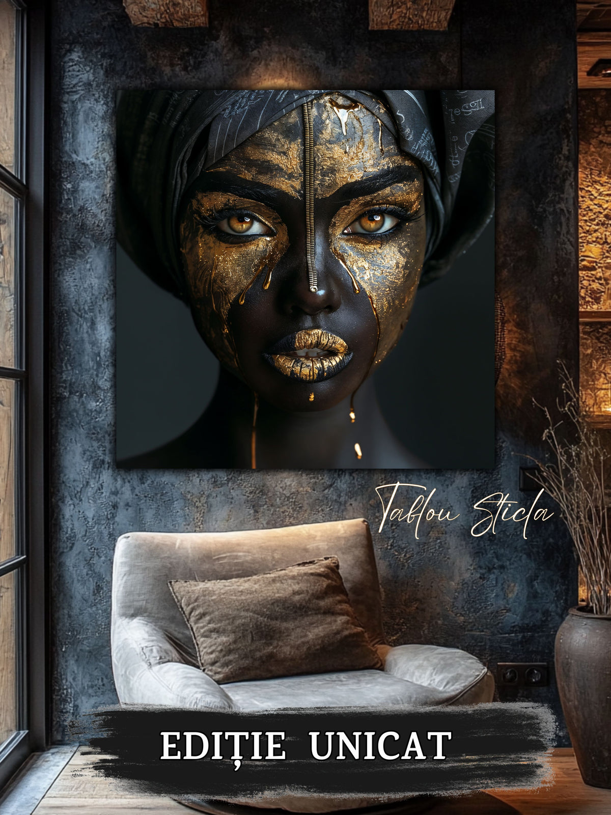 Tablou living contemporan Golden Fractures sticla 4mm - mockup vedere 4