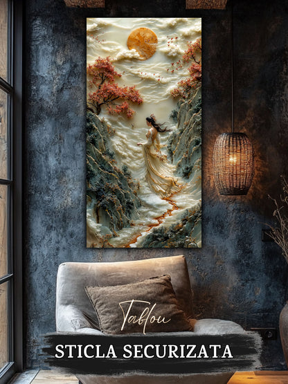Mockup 4 – Tablou pentru living – Răsărit peste trecătoare: Soarele auriu, stâncile și liniștea mersului, print UV pe sticlă securizată | Art-Zen
