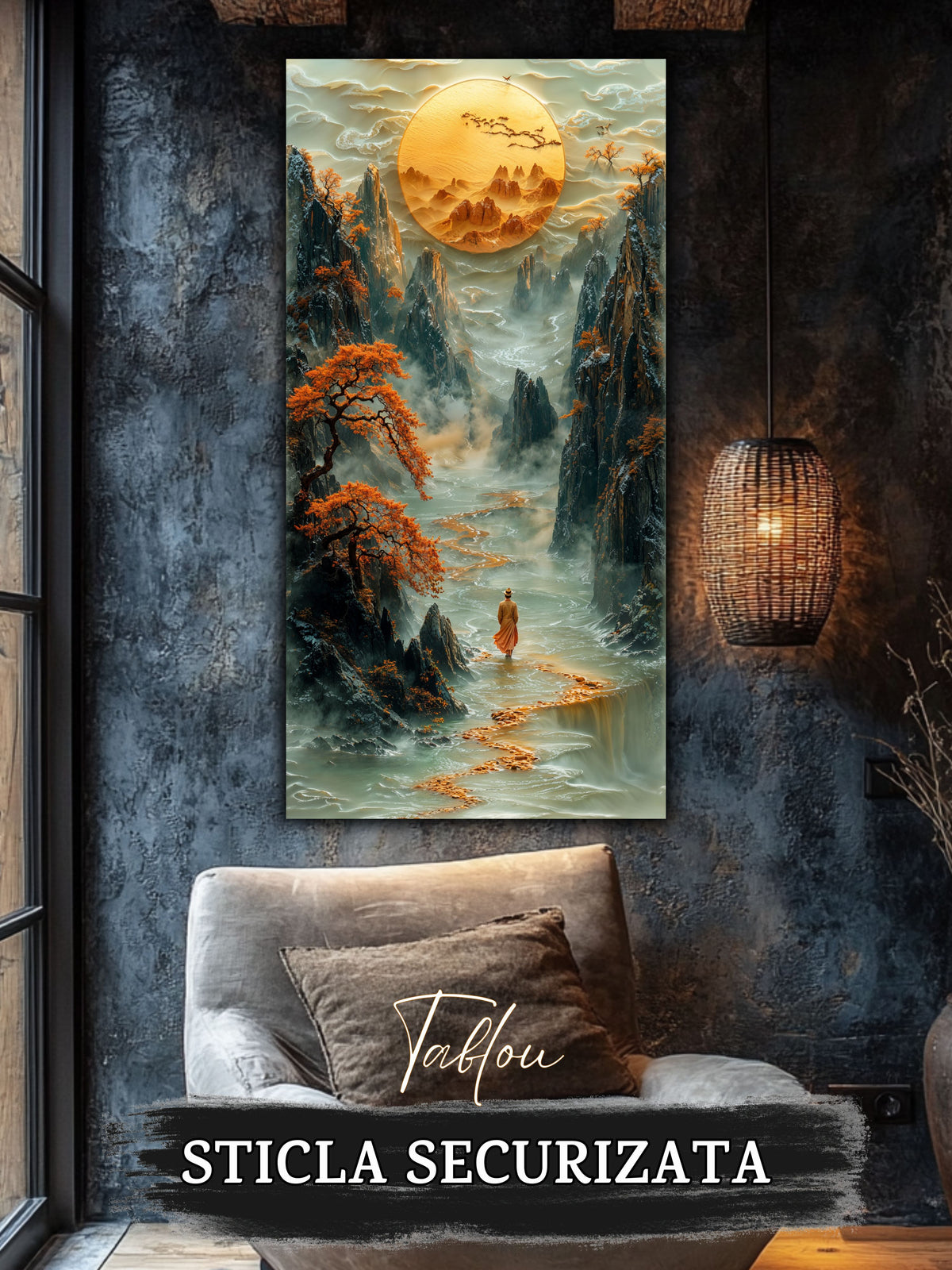 Mockup 4 – Tablou pentru living – Lumina din depărtare: O cale aurie spre munți, apă și spațiu interior, print UV pe sticlă securizată | Art-Zen