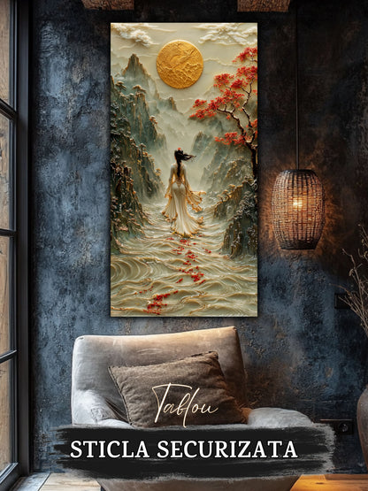 Mockup 4 – Tablou pentru living – Acolo unde curge cerul: Valuri de lumină, munți și roșul discret al drumului, print UV pe sticlă securizată | Art-Zen