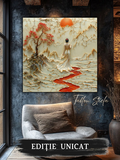 Mockup 4 – Tablou pentru living – Umbra blândă a lunii: O prezență singură sub copaci și cer de chihlimbar, print UV pe sticlă securizată | Art-Zen