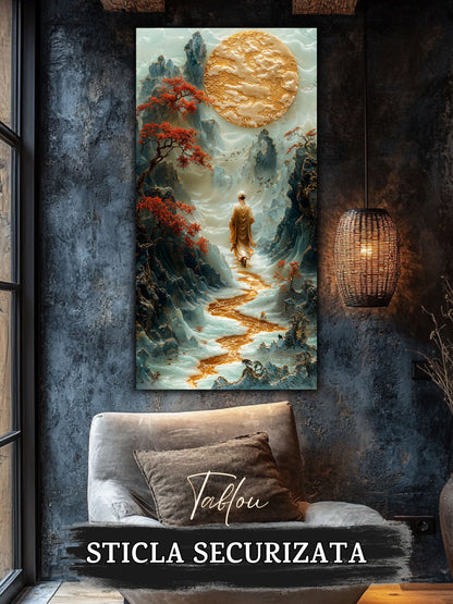 Mockup 4 – Tablou pentru living – Vârful de chihlimbar: Munți în relief, lună aurie și o figură în contemplare, print UV pe sticlă securizată | Art-Zen