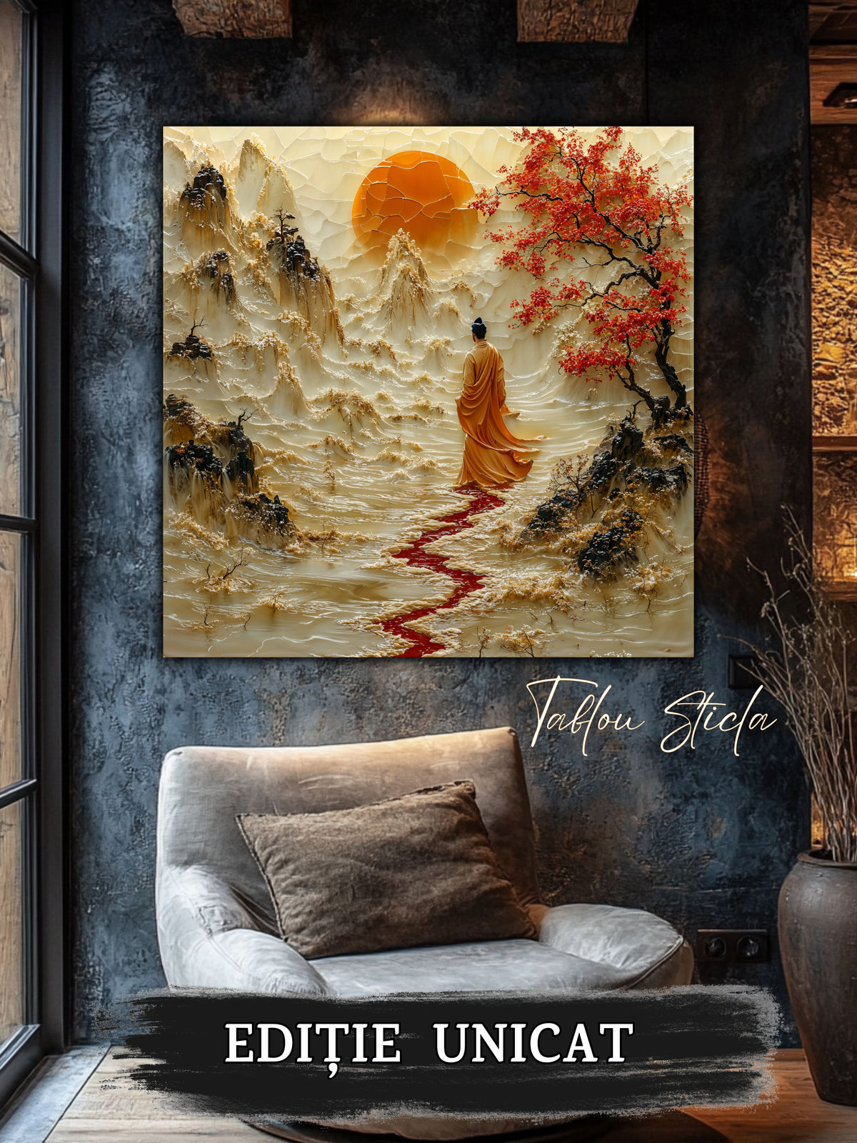 Mockup 4 – Tablou pentru living – Drumul de cinabru: Mersul curajos al unui călător spre lumina din depărtare, print UV pe sticlă securizată | Art-Zen