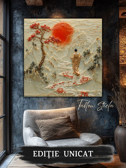 Mockup 4 – Tablou pentru living – Apa de sub soare: O cale fluidă care leagă munții de o lumină blândă, print UV pe sticlă securizată | Art-Zen