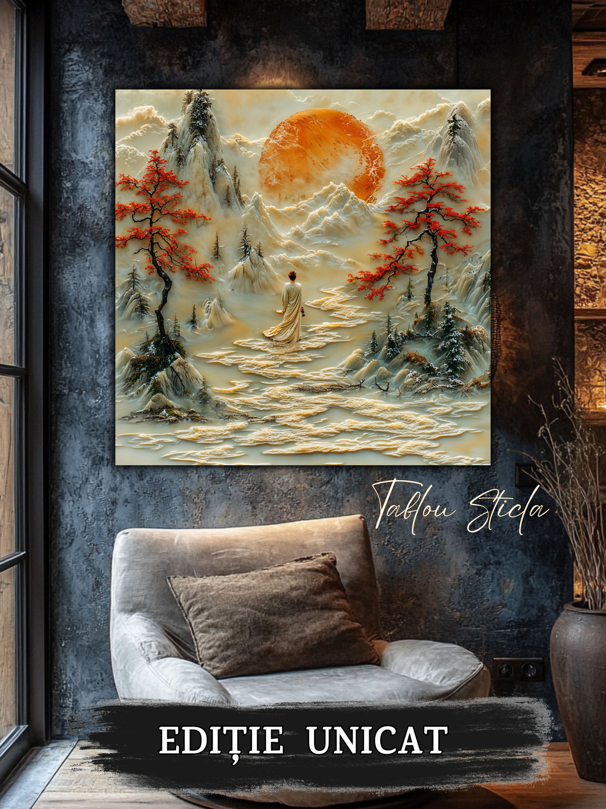 Mockup 1 – Tablou pentru living – Poiana fără grabă: Lumina aurie, munții și cărarea care se lasă privită, print UV pe sticlă securizată | Art-Zen