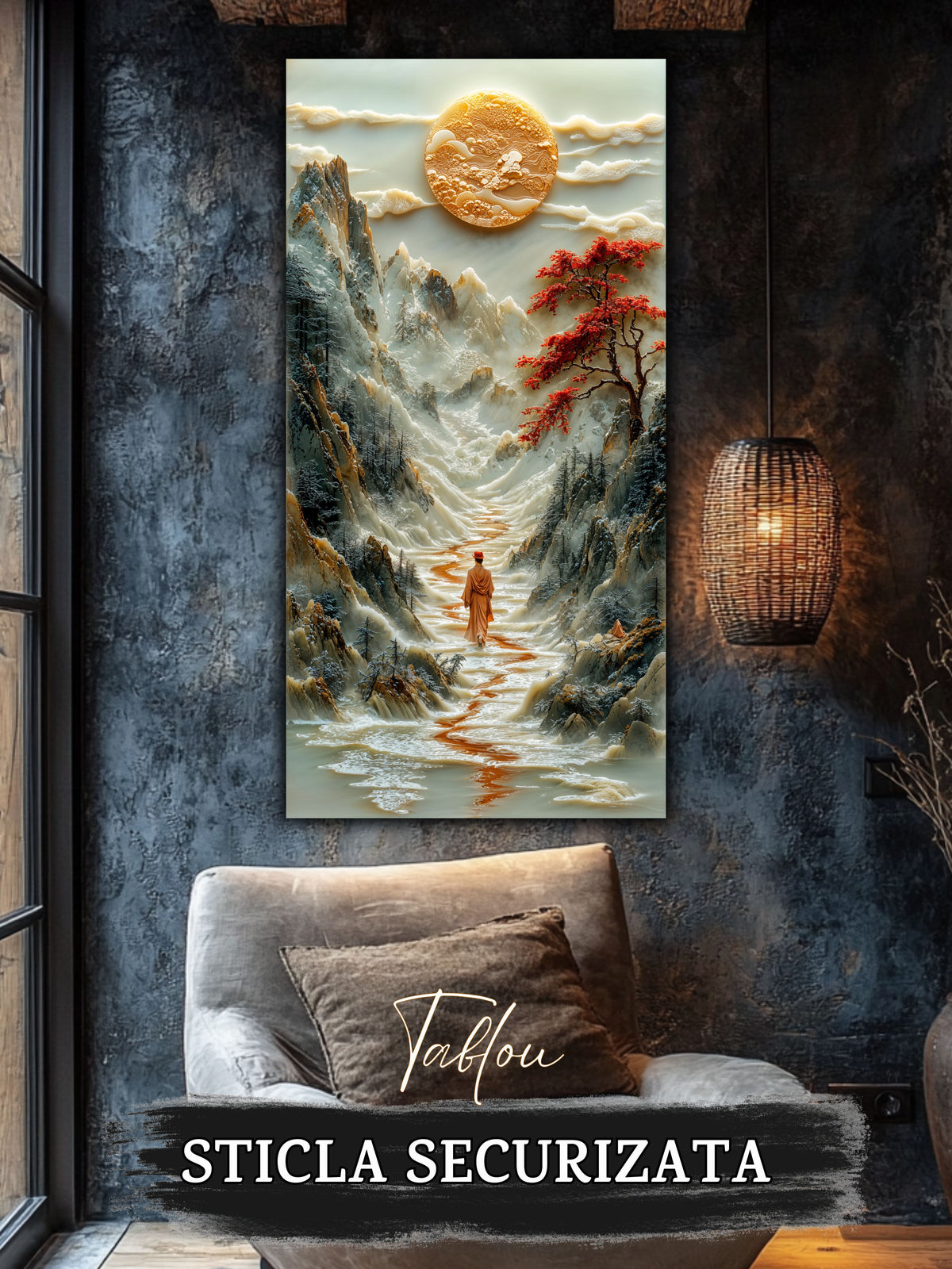 Mockup 4 – Tablou pentru living – Pași printre petale: O femeie, petale roșii și o vale în mișcare, print UV pe sticlă securizată | Art-Zen