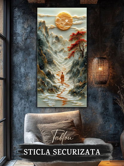 Mockup 4 – Tablou pentru living – Pași printre petale: O femeie, petale roșii și o vale în mișcare, print UV pe sticlă securizată | Art-Zen