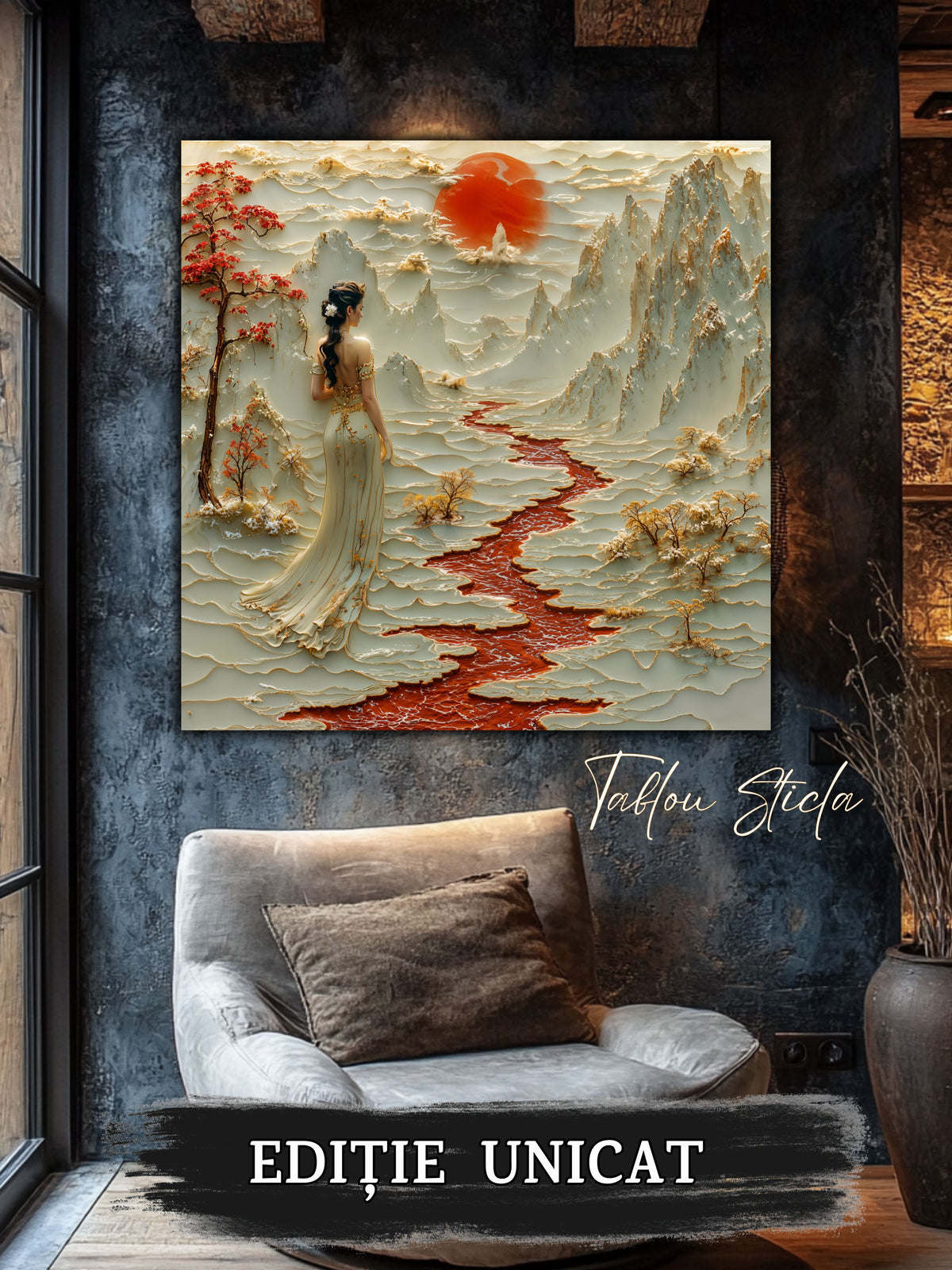 Mockup 5 – Tablou pentru living – Arborii care păstrează lumina: Munți, ramuri roșii și o clipă de tăcere, print UV pe sticlă securizată | Art-Zen