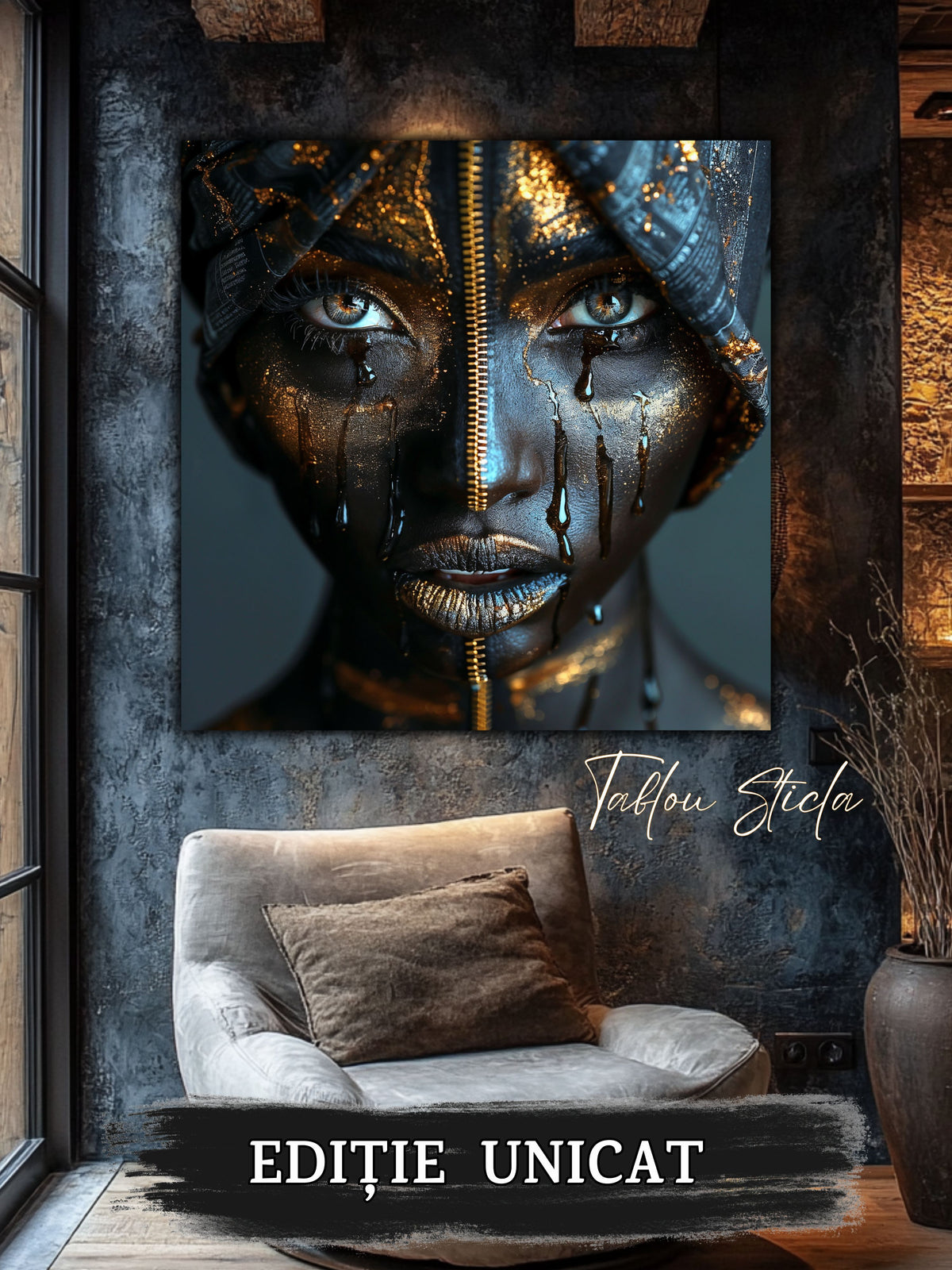 Tablou sufragerie modern Dark Look din sticla securizata 4mm - mockup detaliu 4