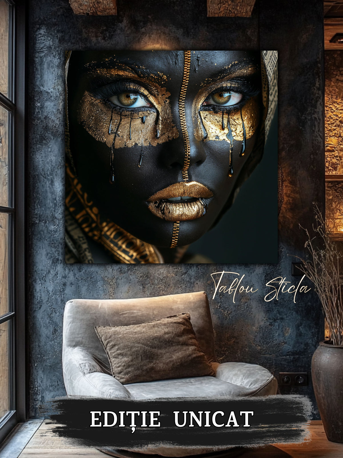 Tablou living contemporan Dark Feeling din sticla securizata 4mm - mockup detaliu 4