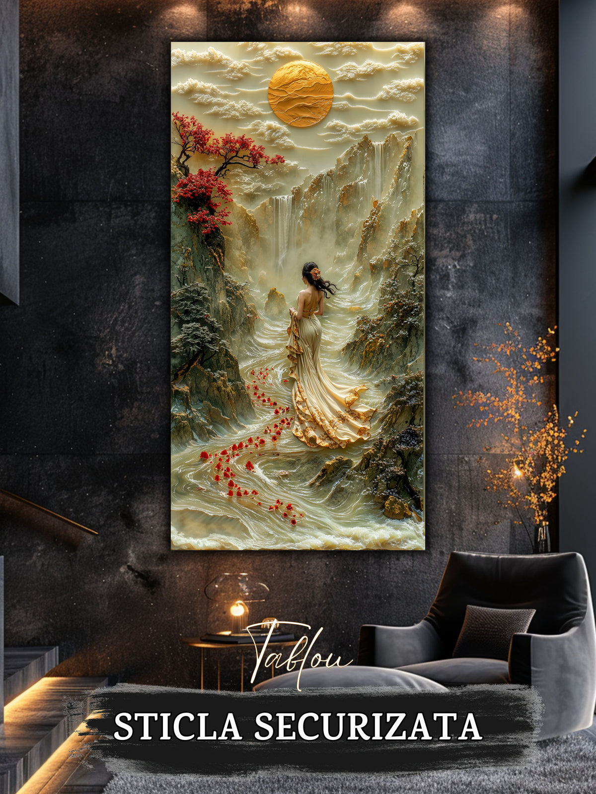 Mockup 5 – Tablou pentru living – Înainte de zbor: O siluetă în lumină, păsări și o cale care se deschide, print UV pe sticlă securizată | Art-Zen