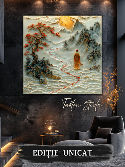 Mockup 5 – Tablou pentru living – Râul de cinabru: Un fir roșu care traversează calm peisajul montan, print UV pe sticlă securizată | Art-Zen