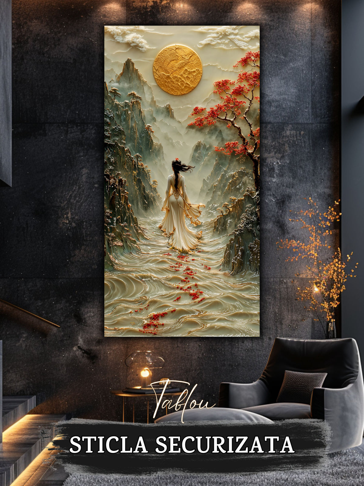Mockup 5 – Tablou pentru living – Acolo unde curge cerul: Valuri de lumină, munți și roșul discret al drumului, print UV pe sticlă securizată | Art-Zen