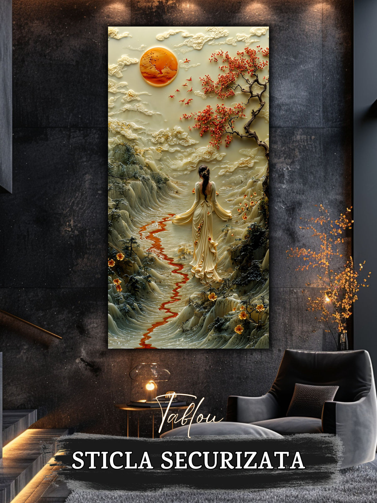 Mockup 5 – Tablou pentru living – Valea cu cer de fildeș: Peisaj calm, lună rotundă și flori roșii, print UV pe sticlă securizată | Art-Zen