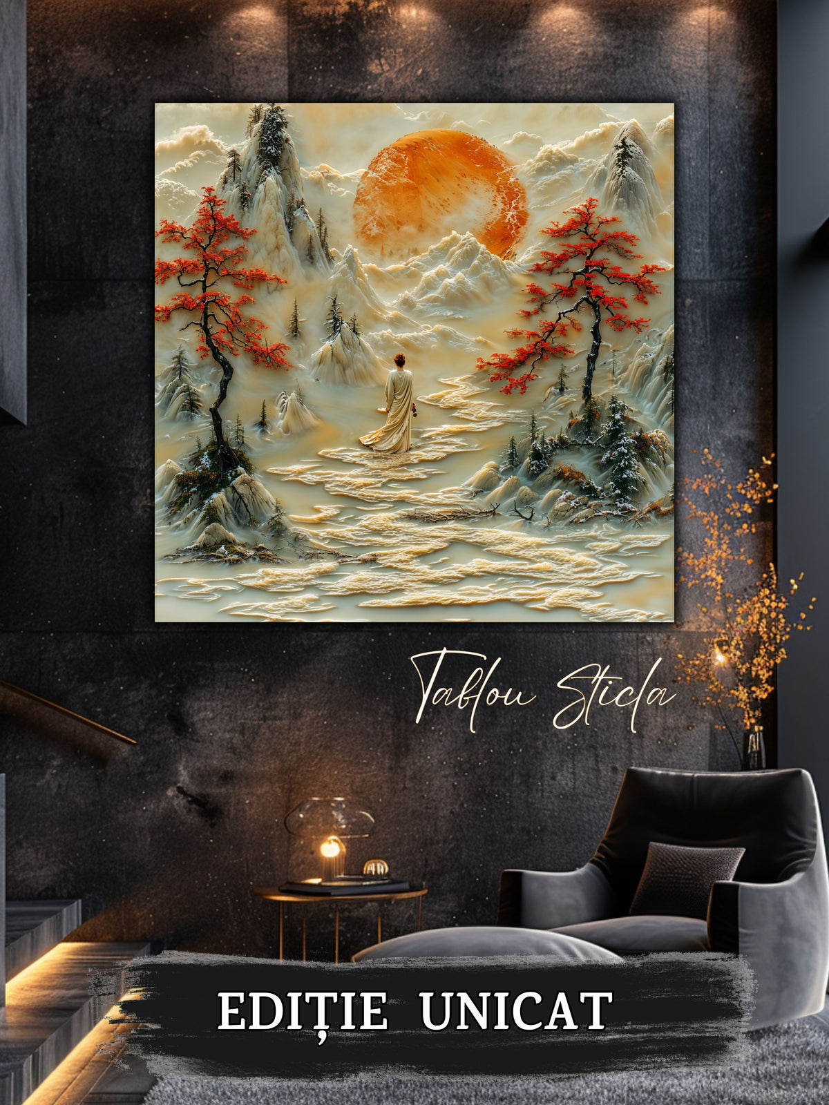 Mockup 5 – Tablou pentru living – Poiana fără grabă: Lumina aurie, munții și cărarea care se lasă privită, print UV pe sticlă securizată | Art-Zen