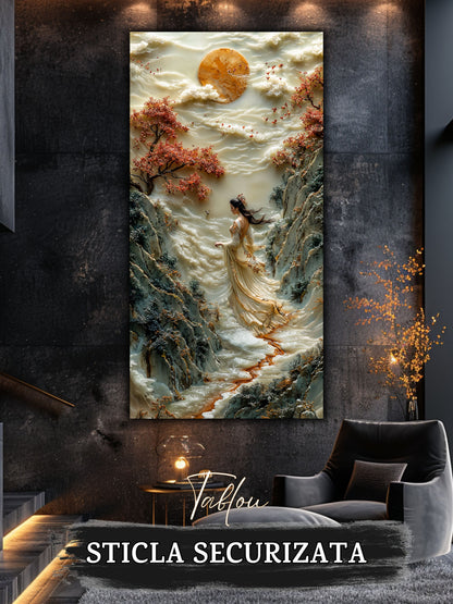Mockup 5 – Tablou pentru living – Răsărit peste trecătoare: Soarele auriu, stâncile și liniștea mersului, print UV pe sticlă securizată | Art-Zen