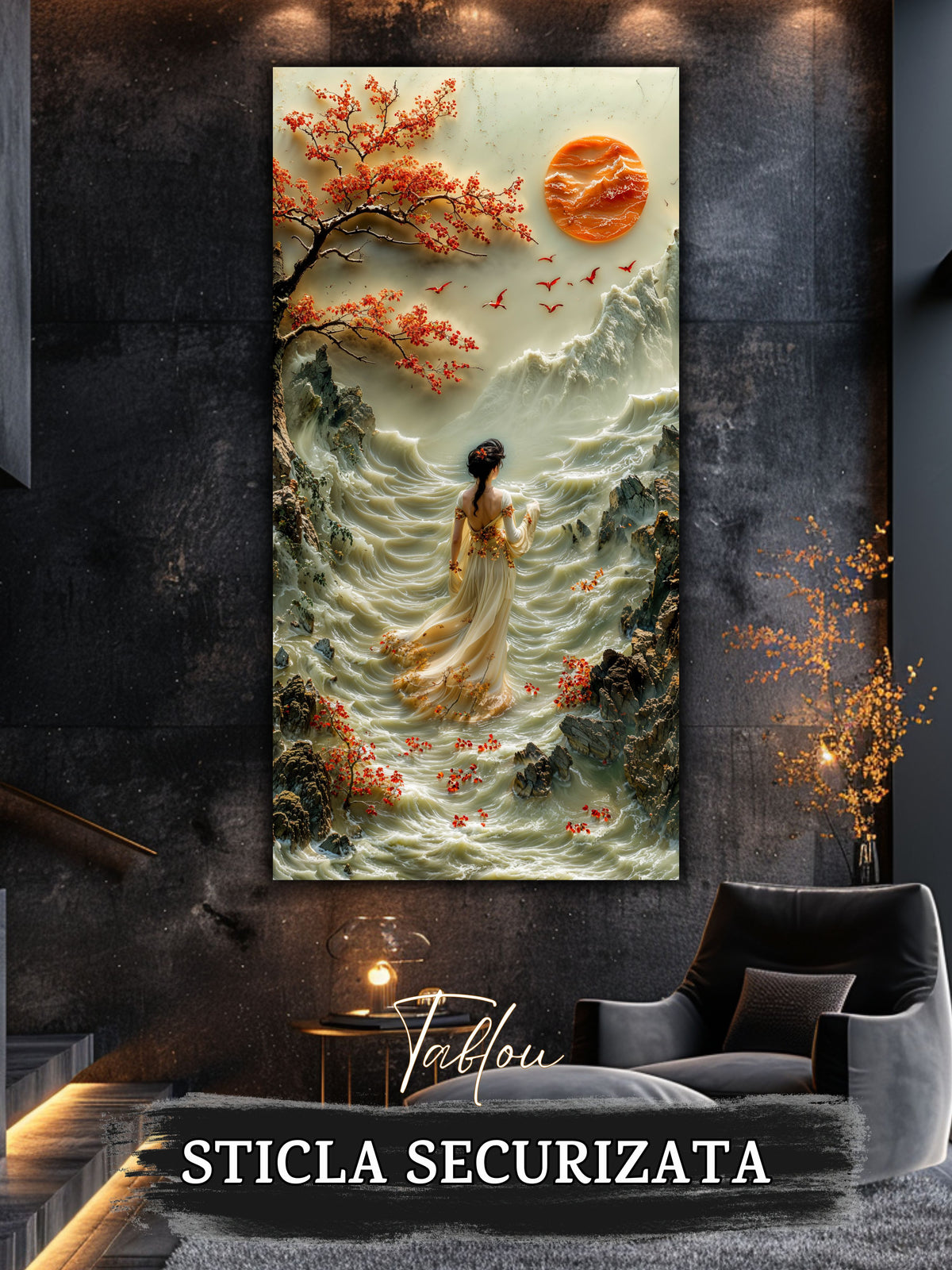 Mockup 5 – Tablou pentru living – Soarele dintre ramuri: O prezență fină și păsări sub luna portocalie, print UV pe sticlă securizată | Art-Zen