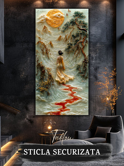 Mockup 5 – Tablou pentru living – Râul care duce acasă: O femeie în lumină, munți și un fir roșu de apă, print UV pe sticlă securizată | Art-Zen