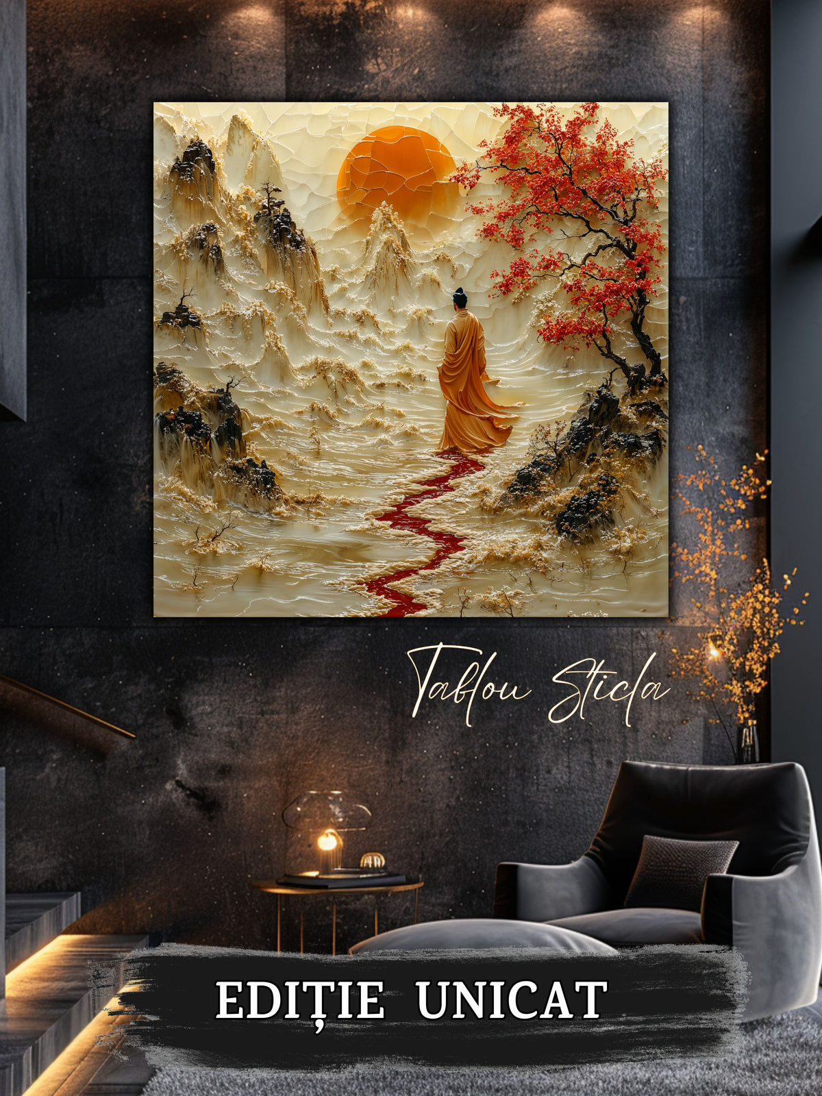 Mockup 5 – Tablou pentru living – Drumul de cinabru: Mersul curajos al unui călător spre lumina din depărtare, print UV pe sticlă securizată | Art-Zen