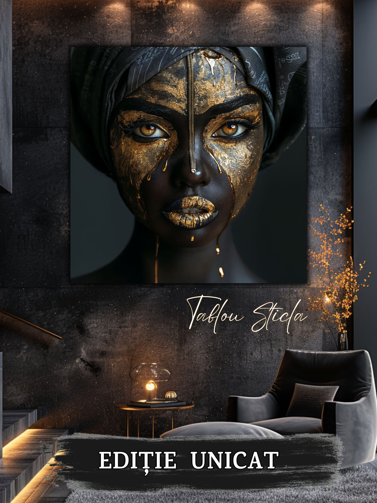 Tablou living contemporan Golden Fractures sticla 4mm - mockup vedere 5