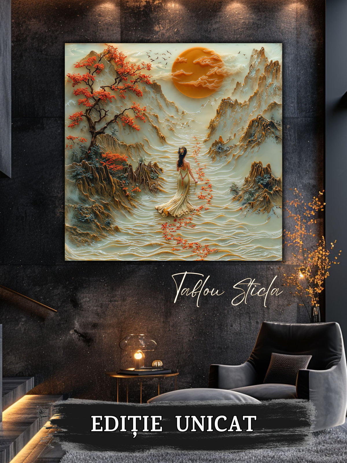 Mockup 5 – Tablou pentru living – Păsările din zori: Un cer cald, o lună plină și spațiu pentru respirație, print UV pe sticlă securizată | Art-Zen