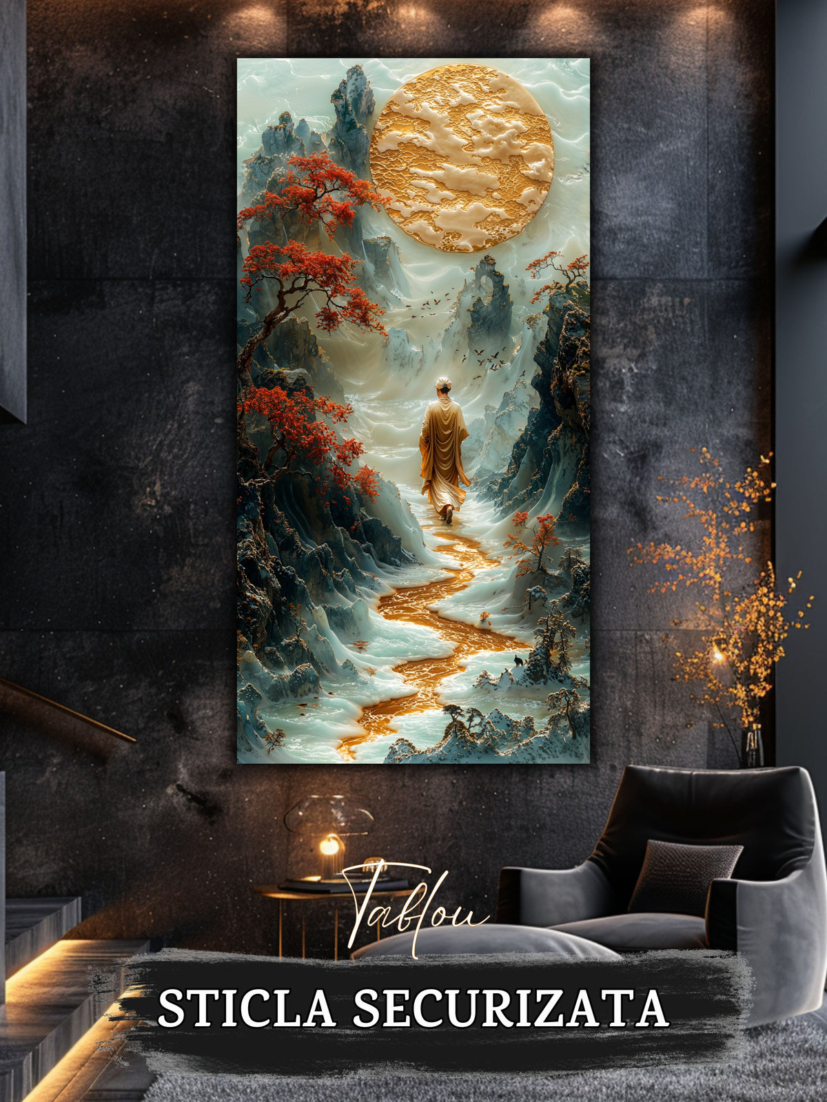 Mockup 5 – Tablou pentru living – Vârful de chihlimbar: Munți în relief, lună aurie și o figură în contemplare, print UV pe sticlă securizată | Art-Zen