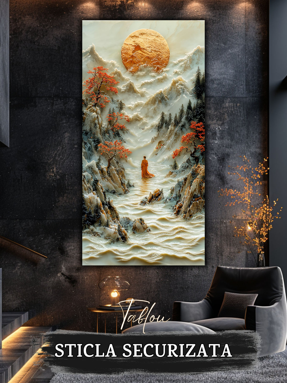 Mockup 5 – Tablou pentru living – Călătorul din valea albă: Un om mic într-un peisaj vast, sub copaci roșii, print UV pe sticlă securizată | Art-Zen