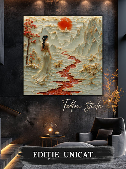 Mockup 1 – Tablou pentru living – Arborii care păstrează lumina: Munți, ramuri roșii și o clipă de tăcere, print UV pe sticlă securizată | Art-Zen