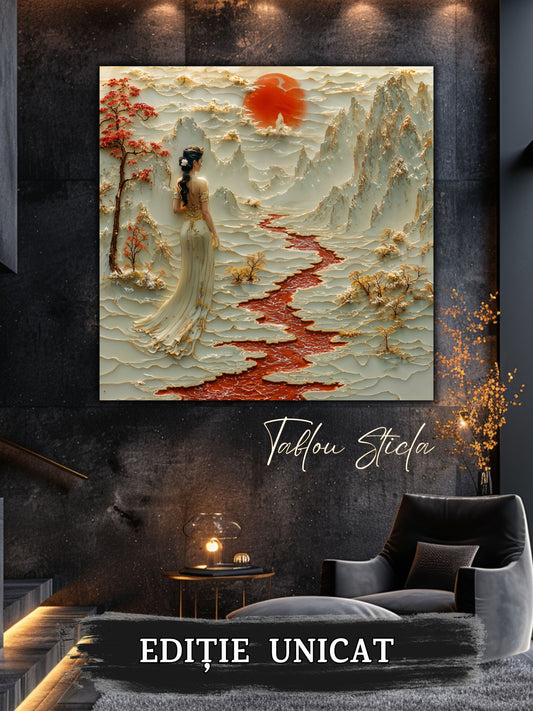 Mockup 1 – Tablou pentru living – Arborii care păstrează lumina: Munți, ramuri roșii și o clipă de tăcere, print UV pe sticlă securizată | Art-Zen