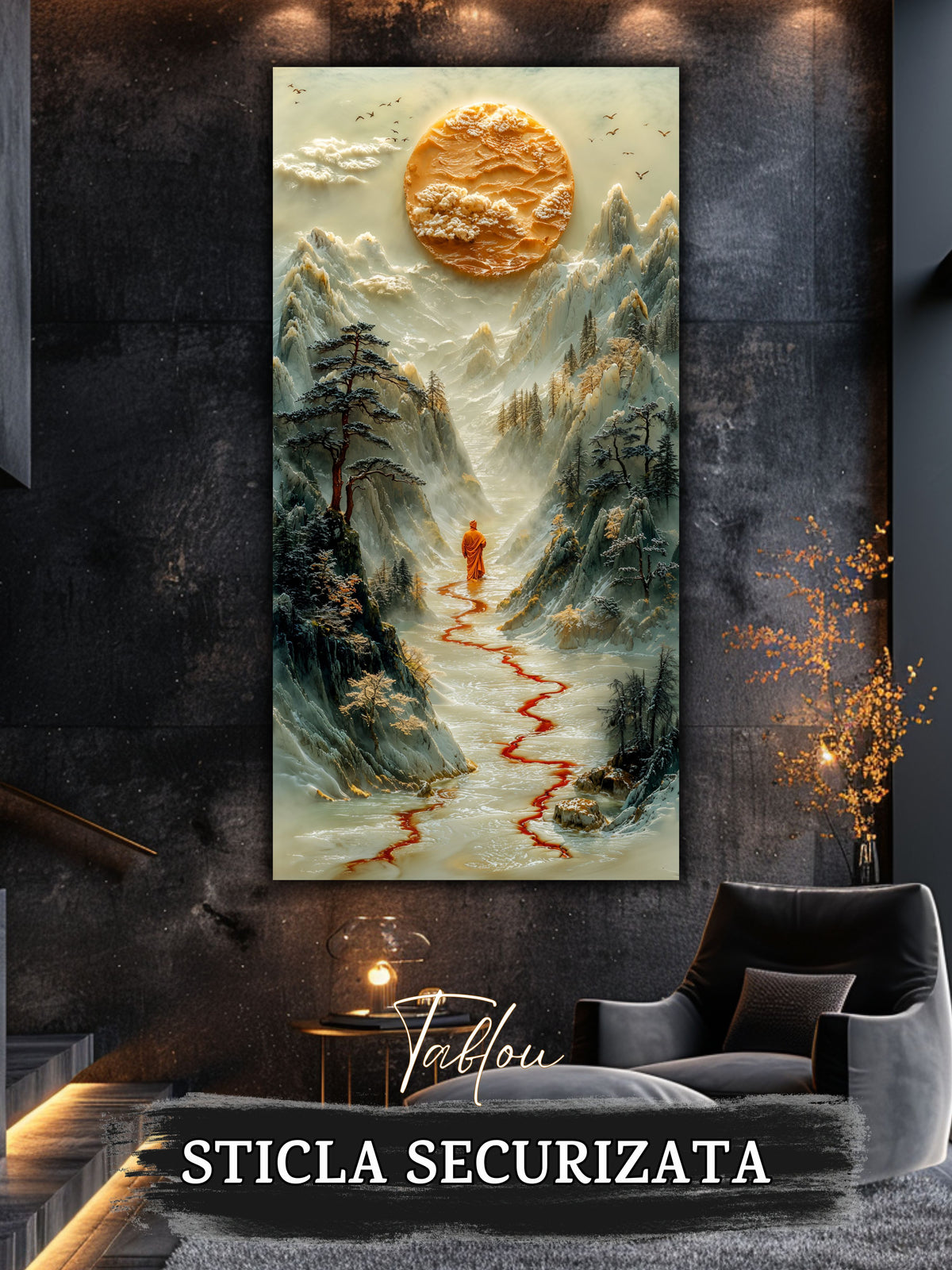 Mockup 6 – Tablou pentru living – Drumul de mătase roșie: O trecere fină prin spațiu, apă și stâncă, print UV pe sticlă securizată | Art-Zen