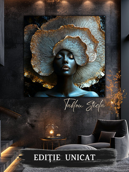 Tablou modern pe sticlă Silent Mycelium într-un dormitor rafinat