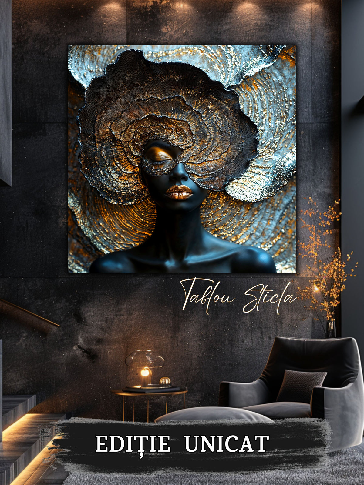 Tablou modern pe sticlă Eclipse Bloom într-un dormitor rafinat