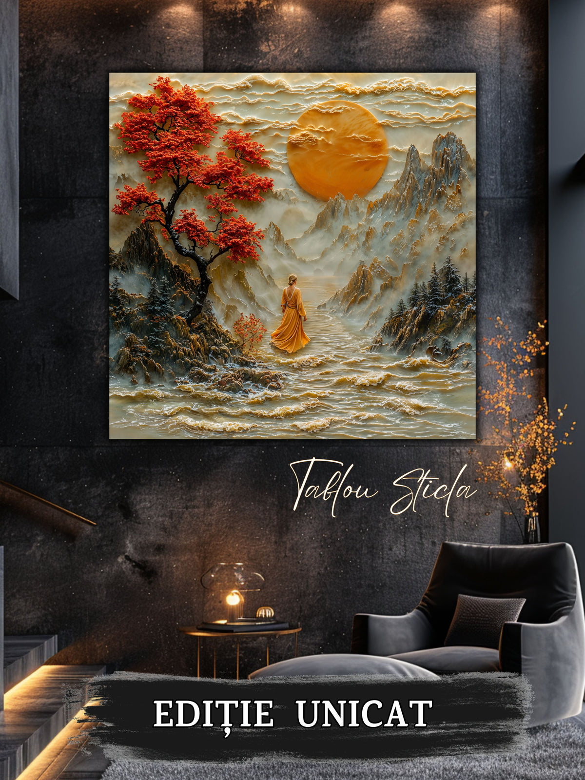 Mockup 1 – Tablou pentru living – Luna din valea albă: Un drum de apă, un cer auriu și relieful contemplativ, print UV pe sticlă securizată | Art-Zen