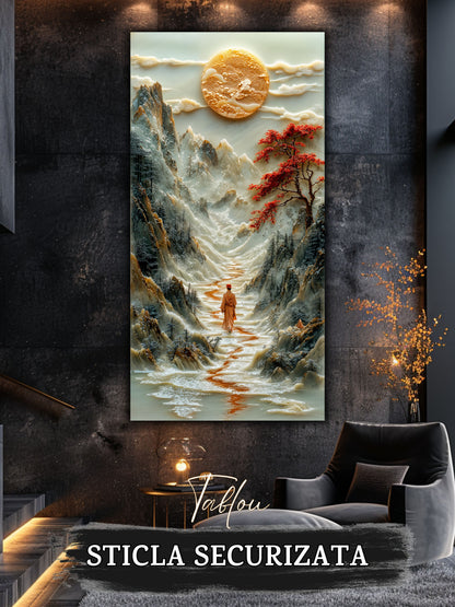 Mockup 5 – Tablou pentru living – Pași printre petale: O femeie, petale roșii și o vale în mișcare, print UV pe sticlă securizată | Art-Zen