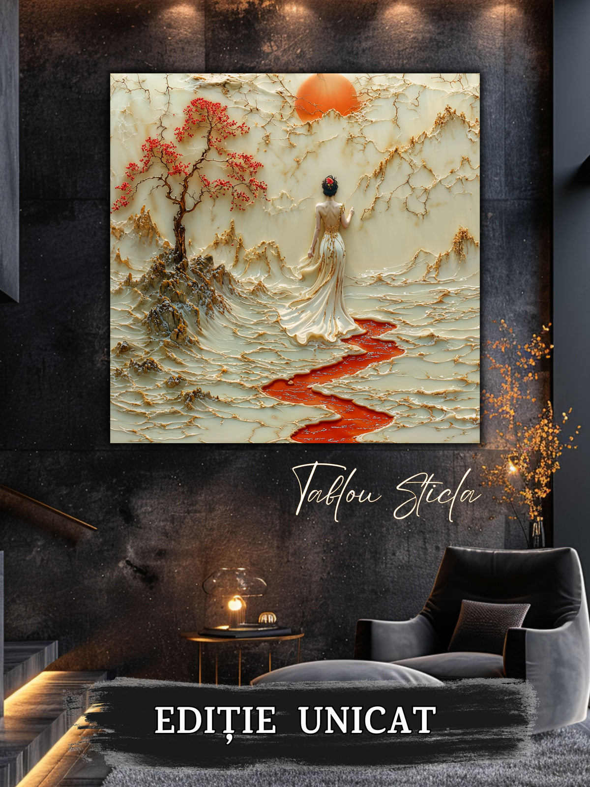 Mockup 5 – Tablou pentru living – Umbra blândă a lunii: O prezență singură sub copaci și cer de chihlimbar, print UV pe sticlă securizată | Art-Zen