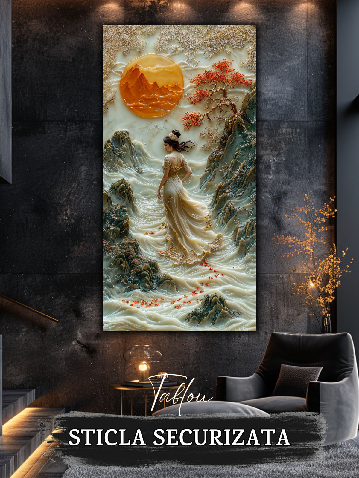 Mockup 5 – Tablou pentru living – Grădina dintre munți: Lumină de chihlimbar, apă și ramuri înflorite, print UV pe sticlă securizată | Art-Zen