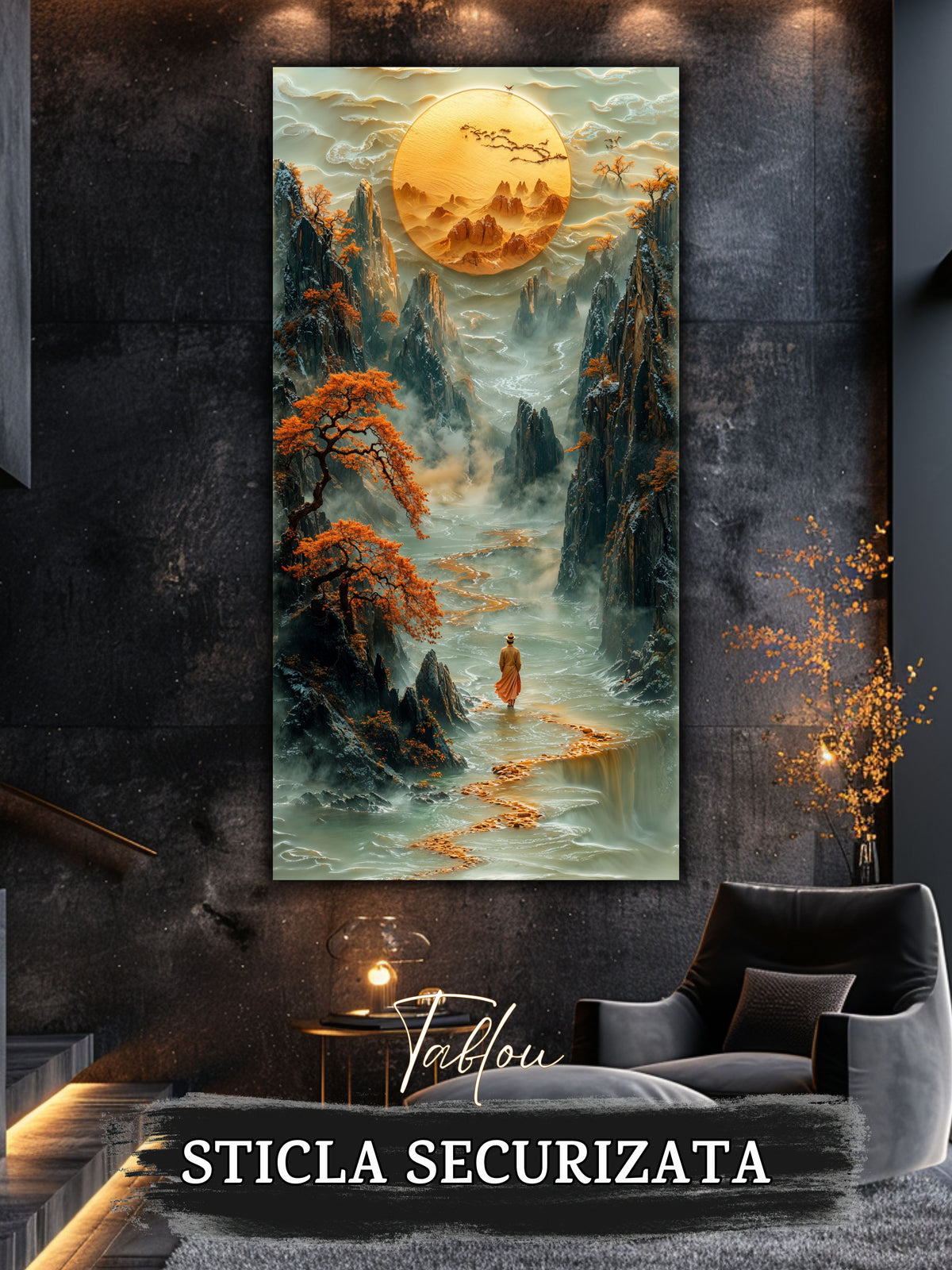 Mockup 5 – Tablou pentru living – Lumina din depărtare: O cale aurie spre munți, apă și spațiu interior, print UV pe sticlă securizată | Art-Zen