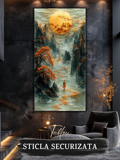 Mockup 5 – Tablou pentru living – Lumina din depărtare: O cale aurie spre munți, apă și spațiu interior, print UV pe sticlă securizată | Art-Zen